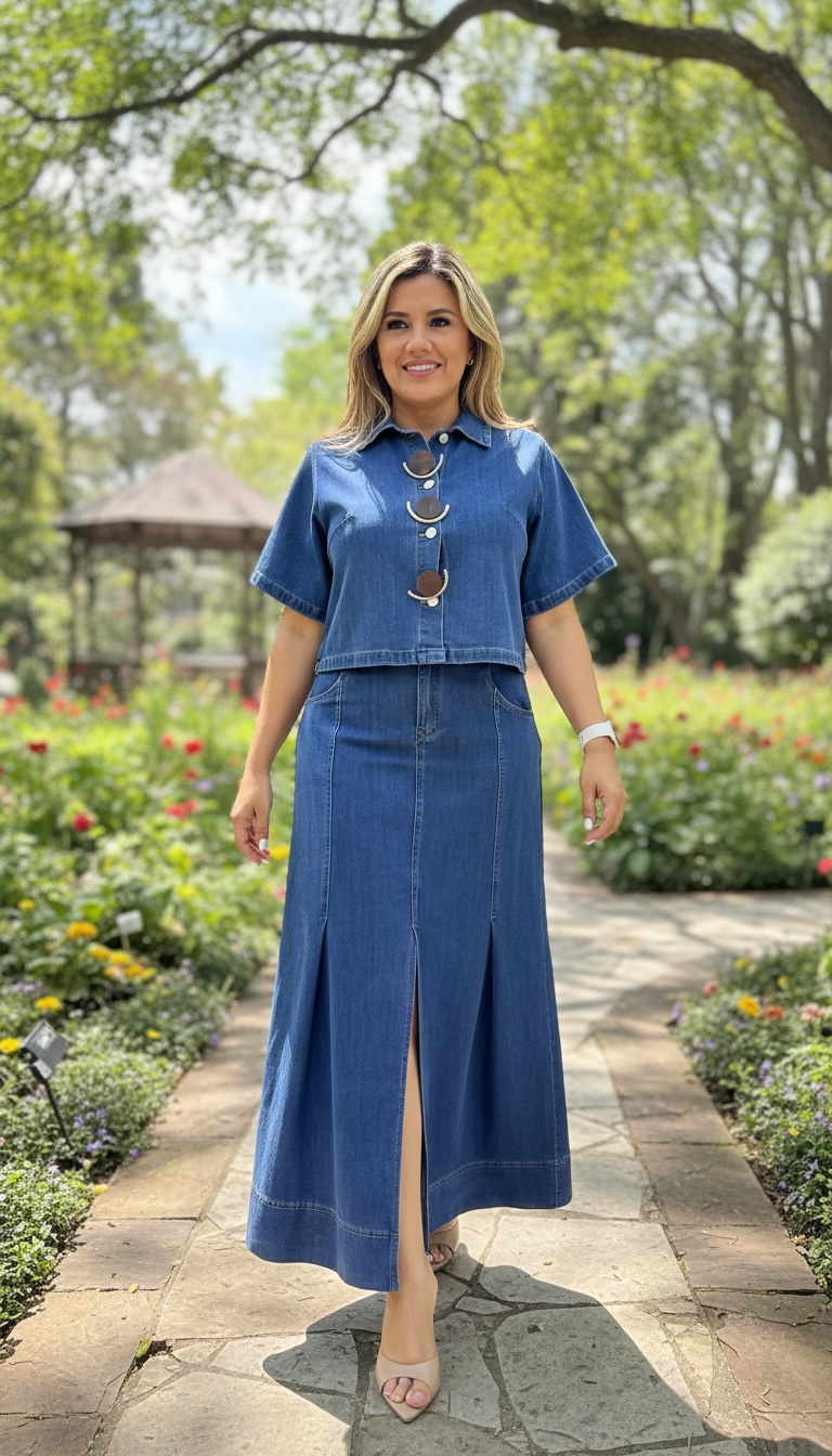 Conjunto de Mezclilla de Blusa de Botones y Falda con Abertura